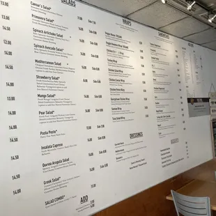 Large menu of foods