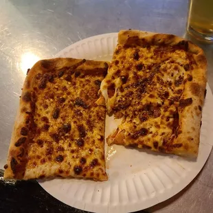 two slices of cheese pizza on a paper plate