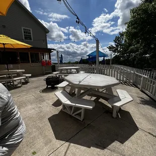 picnic tables and umbrellas