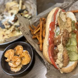 Hodgepodge, catfish and shrimp Po boy with a side of grilled shrimp