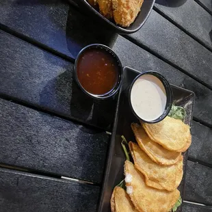Duck wontons fried green tomatoes