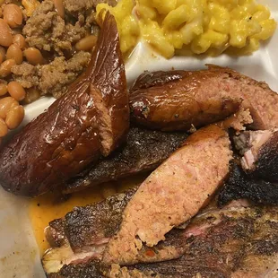 meat, beans, macaroni and cheese