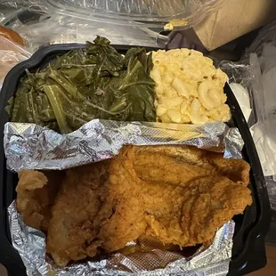 Fried whitening , Mac and cheese with collard greens.