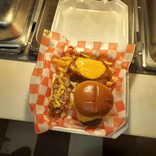 Cheese burger, coney Hot Dog and Chili Cheese Fries