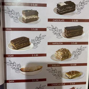 a menu for desserts