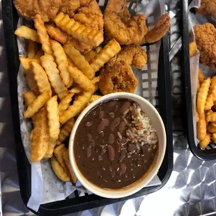 Shrimp, French fries, and red beans and rice