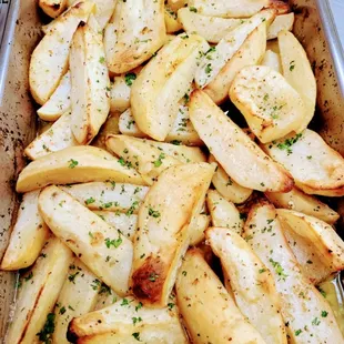 Roasted lemon potatoes out of oven