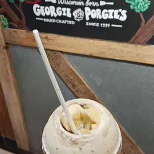 A butter pecan frozen custard blitz (their version of a blizzard or concrete) with banana and salted pretzels as toppings.