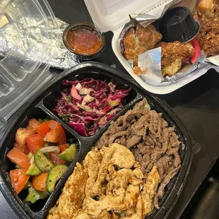 Chicken and beef shawarma with cauliflower appetizer.