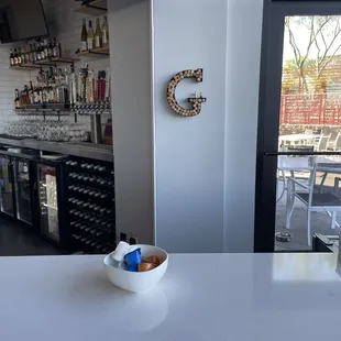 a bowl of food on a counter in a restaurant