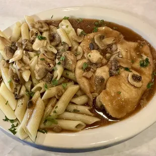 Chicken Marsala with penne pasta.