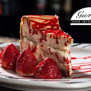 a slice of cheesecake with strawberries