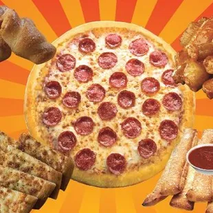 pizza, french fries, salad, and chicken wings