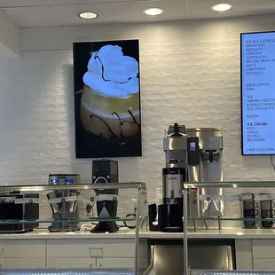 Barista tools, ice cream counter, menu, and cute display