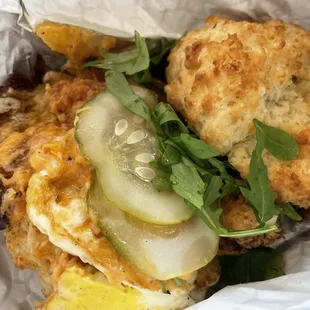 My fried chicken biscuit. On the small side but packed with flavor. Loved it!