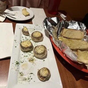 Stuffed mushrooms and delicious garlic bread