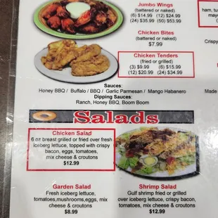 chicken wings and fried chicken, menu