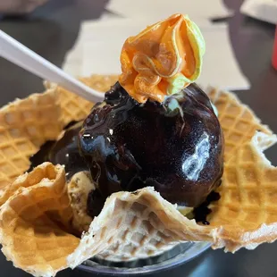 Waffle cone with mint chocolate and banana, peanut butter and chocolate