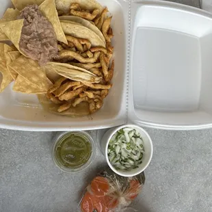 Chicken Tacos, Cilantro &amp; Onions, Green Mild Salsa, Beans and Chips and Hot Carrots!