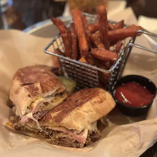 Cuban sandwich and sweet potato fries