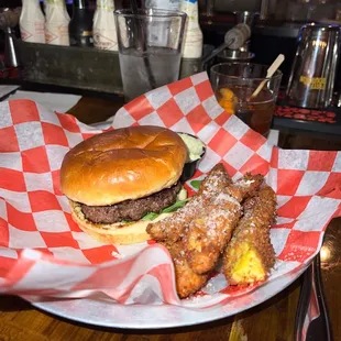 Pesto Goat Cheese basil pesto aioli - fresh greens - bacon onion jam - goat cheese  With  Parmesan Eggplant Fries basil pesto aioli