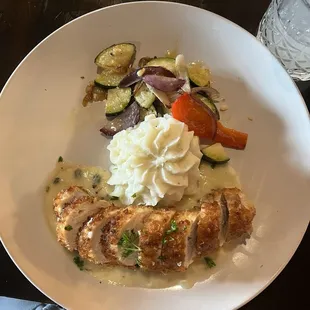 Chicken Rosa with mashed potatoes and sauted mix of onions, red pepper and zucchini. OUTSTANDING!!  6/2024