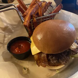Burger with sweet potato fries