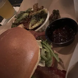 Burger and Brussels sprouts