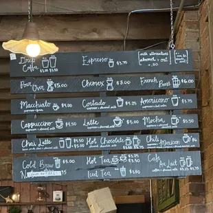 Coffee menu
