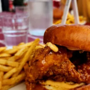 a fried chicken sandwich and french fries