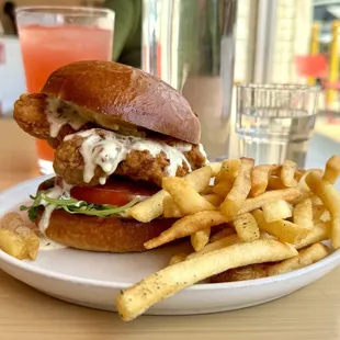 The Good Feather garlic parmesan chicken sandwich with ranch fries.