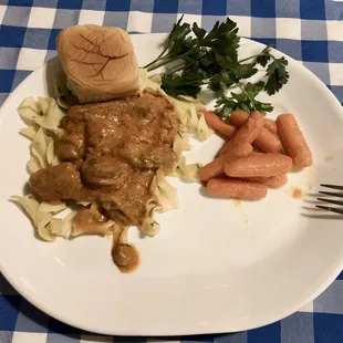 Beef Stroganoff. $15 three course dinner includes salad, entree, &amp; dessert