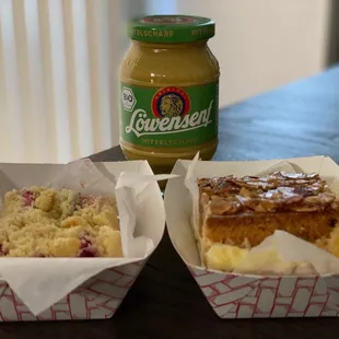 Plum cake, bee sting cake, and mustard