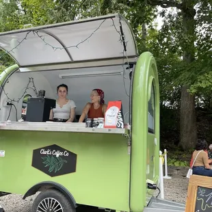 Such a cute coffee trailer!! Clarks Coffee Co. love the green
