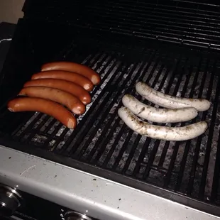 Smoked Debreceners on the left and boiled Bratwurst on the right. Grilled up nicely during Game 1 of World Series and delicious!