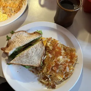 Breakfast sandwich and eggs