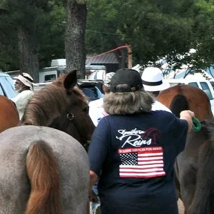 Clients of Alpha Omega Veterans Services leading horses at the Germantown Charity Horse Show with Southern Reins Center for Equine Therapy