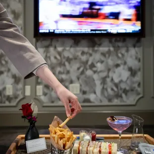 a tray of food and a tv