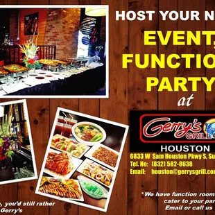 Host your next event, function or party at Gerry&apos;s Grill Houston! Email to inquire: houston@gerrysgrill.com