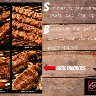 Summer is the time to party and fire up the grill! Order our char-grilled favorites now! Also available in party trays!