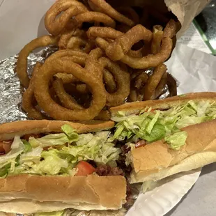 Onion rings and pastrami sub