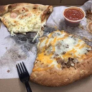 Stuffed Cheesesteak Slice and Shrimp Scampi Slice. Their food is so good I can't make a decision on one single slice.