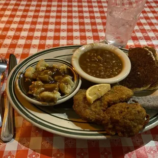 Wiener Schnitzel, Spaetzle, beans and cornbread cakes