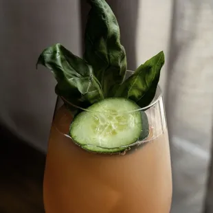 a cucumber garnish in a glass