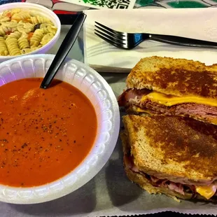 Basil Gouda tomato soup (Seasonal fall winter. Not everyday) and grilled ham cheese