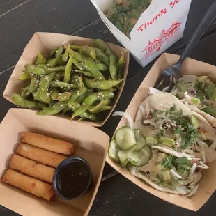 KBBQ tacos, lumpia, best edamame we had in years and yummy fried rice !