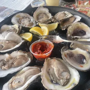 a plate of oysters with a side of ketchup