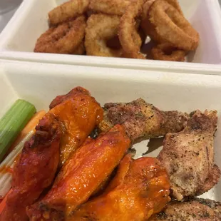 Wings half buffalo &amp; half lemon pepper. Back is onion rings