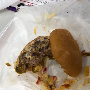 Spicy booty burger. Oh so delicious and I really don't like spicy food that much!