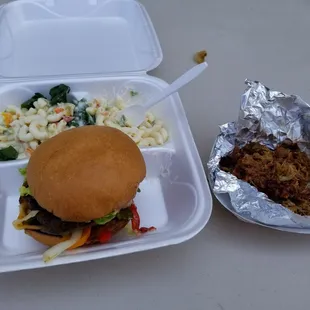 Deluxe Burger and pasta salad